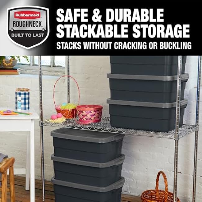 Rubbermaid Roughneck Tote 10 Gal, 6 Pack, Made in USA, Black & Gray, Rugged Plastic Stackable Storage Bins with Lids and Handles
