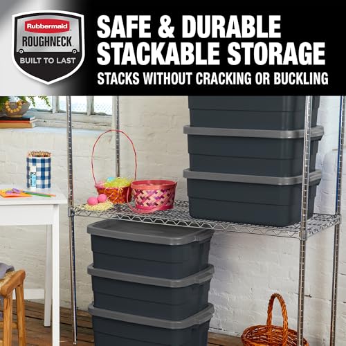 Image of Rubbermaid 6-Pack Totes for Storage with Lids, Heavy Duty Plastic Storage Bins with Lids, Black Gray, 10 GAL - Stackable for Garage, Attic, Camping (10 GAL - 6 Pack Solid Black and Grey)