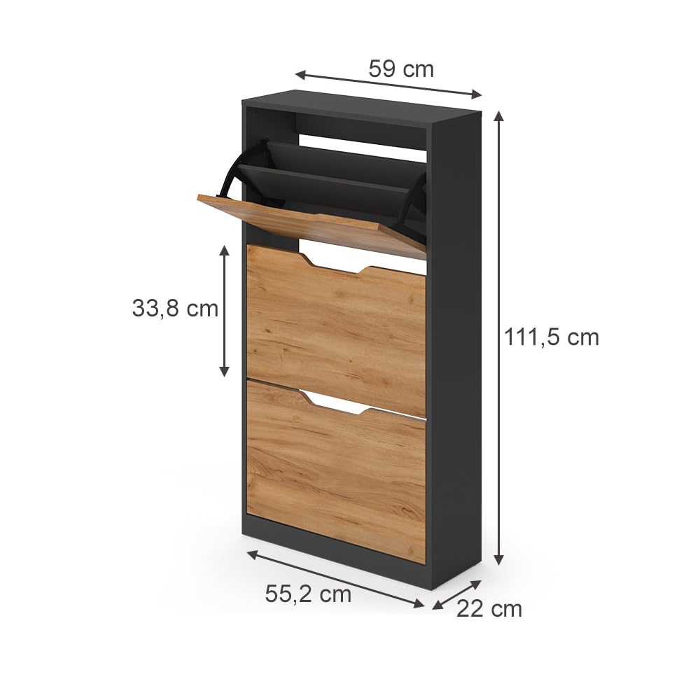 Vicco Wózek na buty "Luca", Antracyt/Dąb goldkraft, 59 x 111.5 cm z 3 składanymi przegródkami