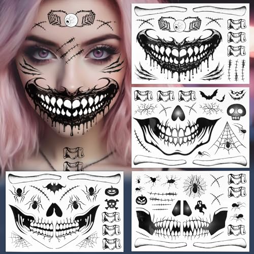 BOOMTOP 4 peças tatuagens rosto de Halloween de esqueleto / caveira, autocolantes Halloween para rosto de Halloween, tatuagem temporária Halloween impermeável transferência água, 14,5 cm * 21 cm