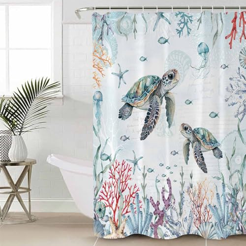 Anzona Sea Turtle Coastal Waterproof Shower Curtains Set - Extra Long 72 x 96 Inch, Blue Ocean Coral Nautical Polyester Fabric Bathroom Curtain with 12 Hooks, Beach Bathroom Accessories, 1 Panel