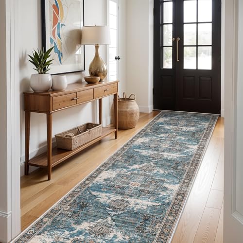 RUUGME Washable 3x14 Runner Rugs - Living Room Large Boho Rugs for Stain Resistant Carpet Vintage Tribal Rugs for Bedroom Kitchen Non Slip Backing Home Decor Floor Decoration Mat 3x14 Blue