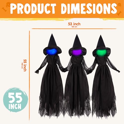 Image of JOYIN 3pcs Halloween Witch Decorations Outdoor, 5ft Spooky Hanging Ghost Animatronic Decor with Broomstick Light Up Props for Home Outside Yard Garden Lawn Porch Haunted House