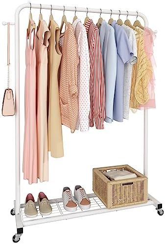 Sywhitta Clothes Rack on wheels, Clothing Rack with Bottom Mesh Storage Shelf,Sturdy Metal Frame,Rolling Garment Rack for Hanging Clothes,Coats,Skirts,39.76" L x 16" W x 64.56" H,White