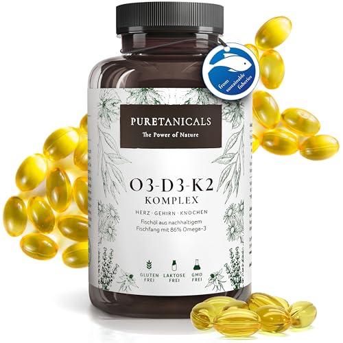 PURETANICALS Omega 3 + Vitamin D3 + K2 MK7 All-Trans | 240 Kapseln hochdosiert Premium Essentials O3-D3-K2 - Fischöl mit essentiellen EPA & DHA Fettsäuren | Fisch Öl Omega3 Fish Oil Tropfen Drops