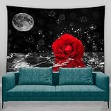 AMFD Red Rose Tapestry Rose Flower Under Moon Black Starry Sky Reflection on Water Blossom Floral...