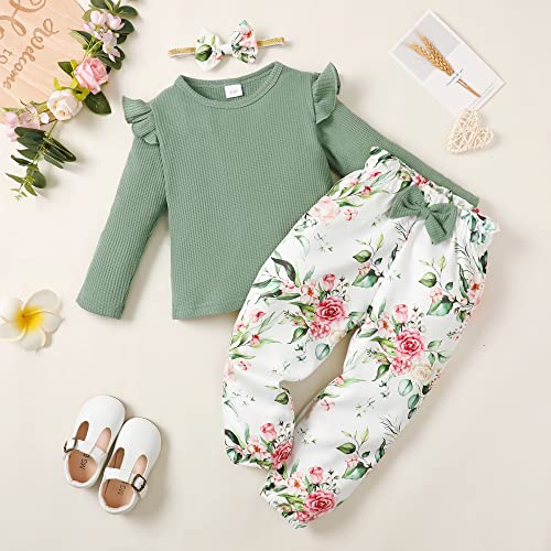 Image of YALLET 3Pcs Toddler Girl Clothes Solid Color Long Sleeves Ruffle Top+Floral Pants+Headband 1-6 Years Fall /Winter Outfits Set