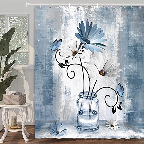 Rustic Farmhouse Floral Shower Curtain, Country Farm Blue Daisy Flowers Butterfly Abstract Shower Curtain Set, Navy Blue Shower Curtains Farmhouse Bathroom Accessories With 12Pcs Hooks,70X70In #TOP1