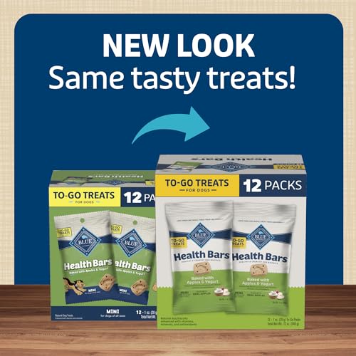 Image of Blue Buffalo Health Bars Mini Natural Crunchy Dog Treats to-GO, Mini Biscuits, Apple & Yogurt 1-oz Bags (Pack of 12)