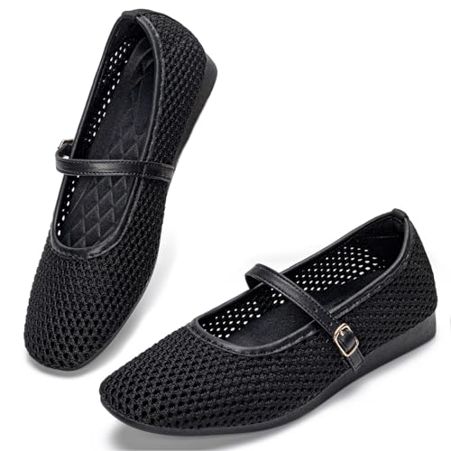 Image of Buyrew Women's Mary Jane Flats Breathable Mesh Square Toe Ballet Flats with Arch Support Washable Non Slip Casual Dress Shoes for Work Office