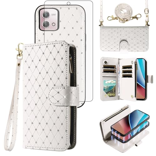 Asuwish Compatible with Motorola Moto G Stylus 4G 2023 Wallet Case Zipper Cell and Screen Protector Crossbody Strap Glitter Flip Card Holder Phone Cover for GStylus XT2317-1 XT2317-2 Women White