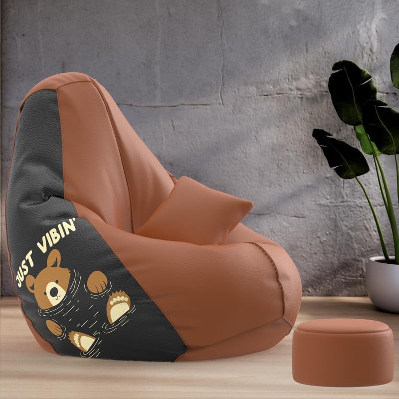 Image of Biggie Bean Bag with Beans Filled XXXXL Bean Bag with Free Cushion and Footrest - Official : PrintZen Combo (Matching Color : Printed, Just Vibin-Tan)