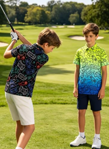 Kids4ever 2 Pack Boys Short Sleeve Polo Shirt Print Golf Casual Collared Shirts Funny Sport Clothes Black Yellow Blue Neon Tennis Tops Size 11-12 — view 3