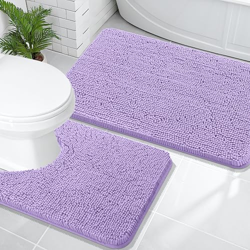 Image of OLANLY Bathroom Rugs Sets 2 Piece, Soft Absorbent Chenille Bath Mats and U-Shaped Contour Toilet Mat Area Rug Set, Machine Washable Bath Carpet, Home Decor Accessories(36 inchx24 inch+24 inchx20 inch, Lavender)