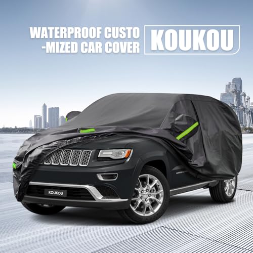 Image of KouKou Waterproof SUV Car Cover Suitable for Jeep Cherokee from 2013 to 2025, 7 Layers Windproof All Weather Waterproof Outdoor Cover Sun Rain UV Dust Snow Protection. Black