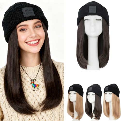 S-noilite Beanie Wig Hat with Hair Attached for Women Knitted