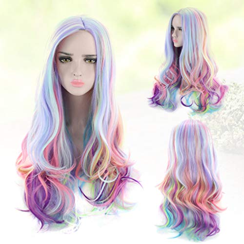 Lurrose Peruca Longa Onda Colorida Peruca Encaracolada Cor Gradiente Multicolor Traje Perucas para F