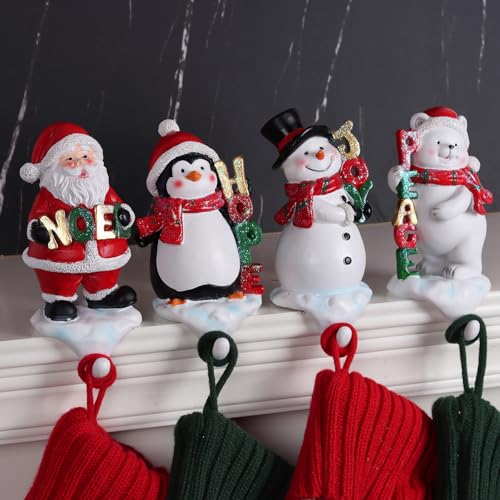 XENTUMI Stocking Holders for Mantle, 3D Stocking Holders, Christmas Stockings Holder Set of 4, Fireplace Stocking Hanger Hooks for Christmas Mantel Decoration