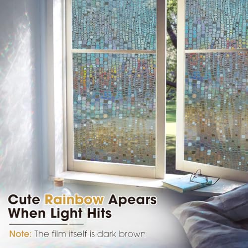 Windimiley Window Privacy Film 3D Rainbow Stained Glass Static Clings Bathroom Decorative Sticker Prism Holographic Window Decals Sun Blocking Non-Adhesive Door Covering, 35.4x78.7in, Brown