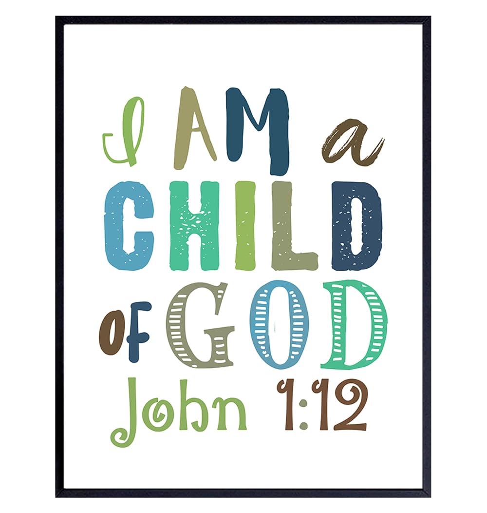 Jesus Christ Scripture Wall Art LARGE 11x14 - I Am Bible Verse for Little Boy Room Decor - Christian Gifts for Kids, Boy Bedroom Decor - God Wall