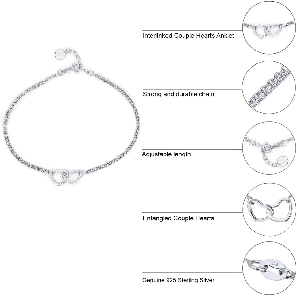 Vanbelle Sterling Silver Jewelry - Rhodium Plated with 925 Stamp - Interlinked Couple Hearts Anklet - Elegant handcrafted Chain Anklet for Women - 9" long + 1" extender - Image 5