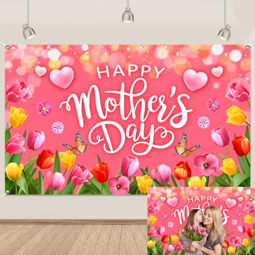 Pink Happy Mothers Day Banner Backdrop 5.93.6Ft Romantic Tulip Mothers Day Backdrop Banner for Photography Pink Heart Flowers Mothers Day Decorations 7143inchPolyester