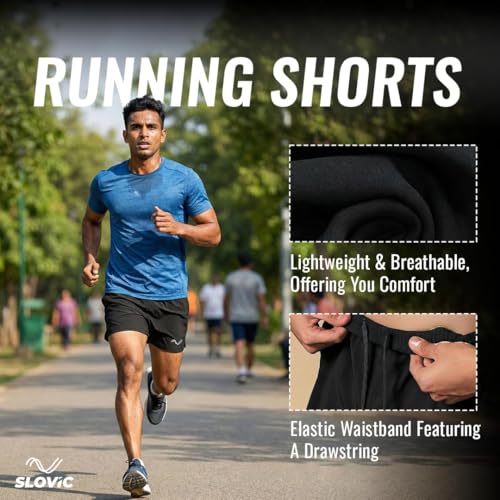 Image of SLOVIC Running Shorts for Men | Durable Gym Shorts for Men Workout | Breathable Mens Running Shorts with Phone Pocket | Ideal for Sports, Gym, Home Comfort | Black