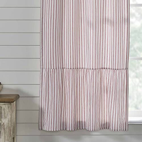 Timeless Ticking Red Stripe Ruffled Short Panel Curtains, Set Of 2, 63" L X 36" W, Country Farmhouse, Christmas Curtain #TOP1