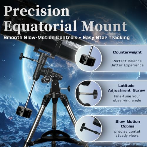 Image of HINISO 150EQ Astronomical Telescope for Adults, Beginners & Students | 150mm Newtonian Reflector with Equatorial Mount | Moon & Planet Viewing | Bluetooth Remote, Phone Adapter & Tripod