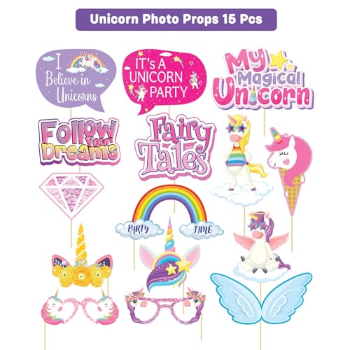 Image of Party Propz Unicorn Theme Photo Booth Props - 15 Pcs Birthday Decorations Kit for Girls with Rainbow and Fairy Tale Theme Designs, Unicorn Birthday Decorations for Girls (Cardstock)