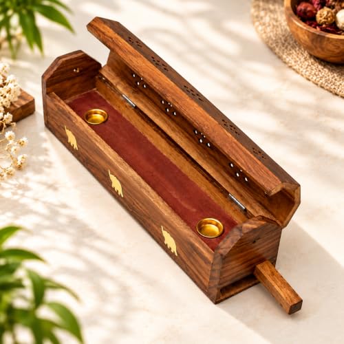 Sheesham Wood Incense Stick Holder with Brass Inlay