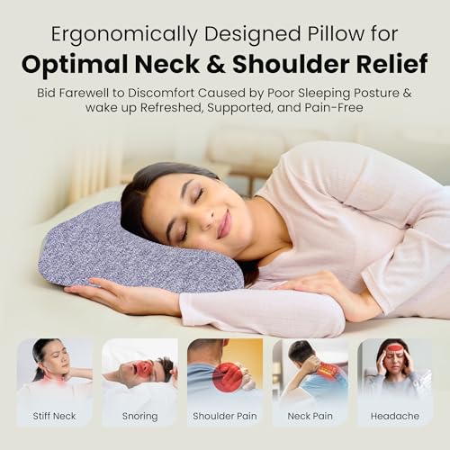 Image of CareFoam Memory Foam Cervical Neck Pillow | 2 Years Warranty | Pain Relief Sleep, Improves Posture Spinal Alignment, Neck Pain Relief | 19 x 11 x 3.5 Inch | Blue Melange Cover | Pack of 1