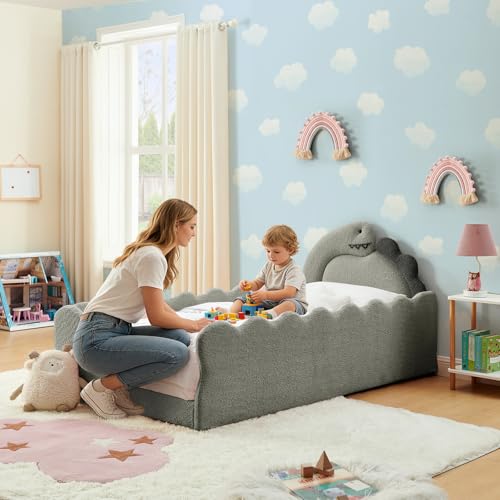 Image of Twin Size Kids Floor Bed Frame, Upholstered Montessori Platform Bed Cute Dinosaur-Shaped Daybed Frame for Girls Boys, No Box Spring Required, Grey