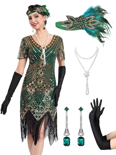 MTITE Flapper Dresses 1920s, Great Gatsby Dresses Roaring 20s for women, Sheer Beaded Sleeves Costume with 20s accessories (GREEN, L)