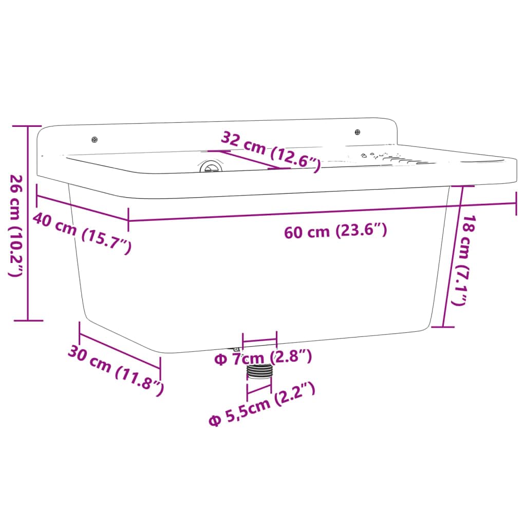 Évier Mural en Résine, Évier pour Buanderie Garage Lavabo Bac de Lavage Extérieur blanc 60x40x28 cm résine