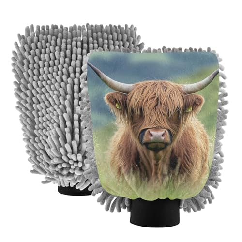 Hezely Cute Highland Car Wash Mitt, 2PK Scratch Free Lint-Free for Car Washing and Detailing