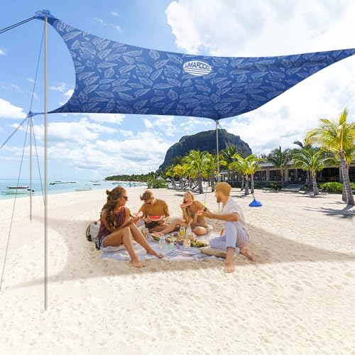 Image of UMARDOO Family Beach Tent Canopy Sun Shade Portable, Large Compact Beach Sun Shelter Easy Setup with Packable Bag for Outdoor Travel (Printed Blue, 12X12 FT. 4Poles)