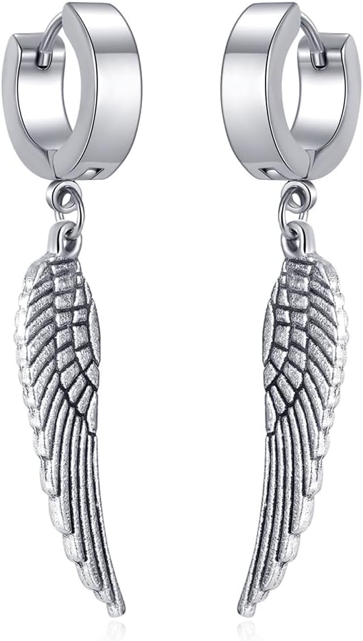 Angel Wings Huggie Hoop Earrings for Women Men Punk Stainless Steel Silver Feather Dangle Drop Earrings Trendy Mini Small Cuff Hoop Earring Hypoallergenic Wing Statement Earring Halloween Birthday Party Jewelry