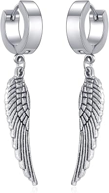 Angel Wings Huggie Hoop Earrings for Women Men Punk Stainless Steel Silver Feather Dangle Drop Earrings Trendy Mini Small Cuff Hoop Earring Hypoallergenic Wing Statement Earring Halloween Birthday Party Jewelry