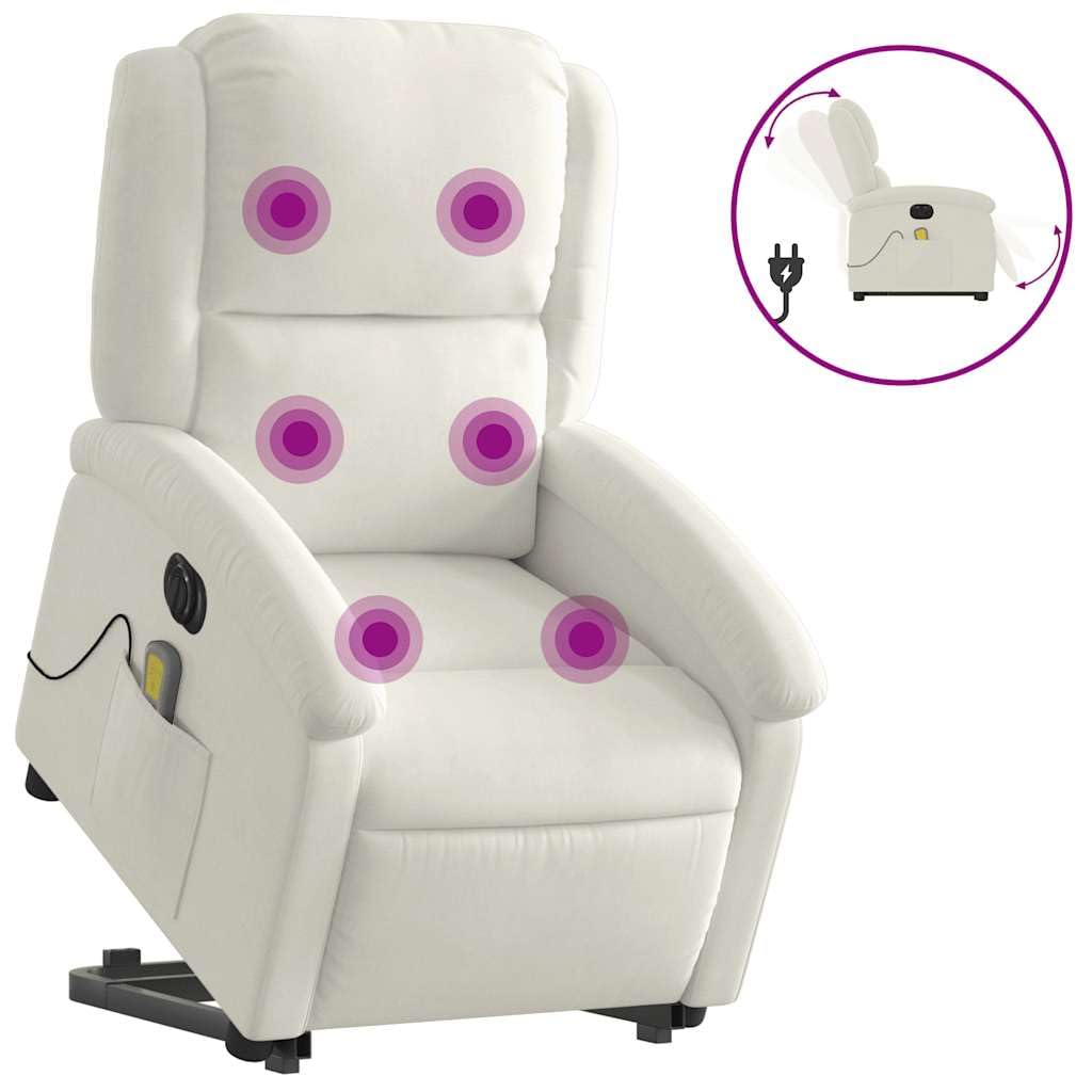 Sillón elevador eléctrico reclinable de terciopelo crema con 6 puntos de vibración y función de elevación automática, cómoda y estable para relajación