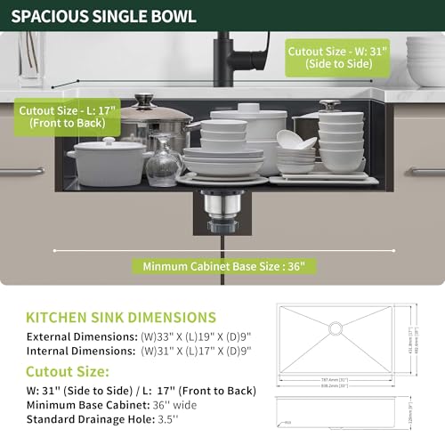 Image of 33-inch Black Undermount Kitchen Sink, SINKVINE Stainless Steel Single Bowl