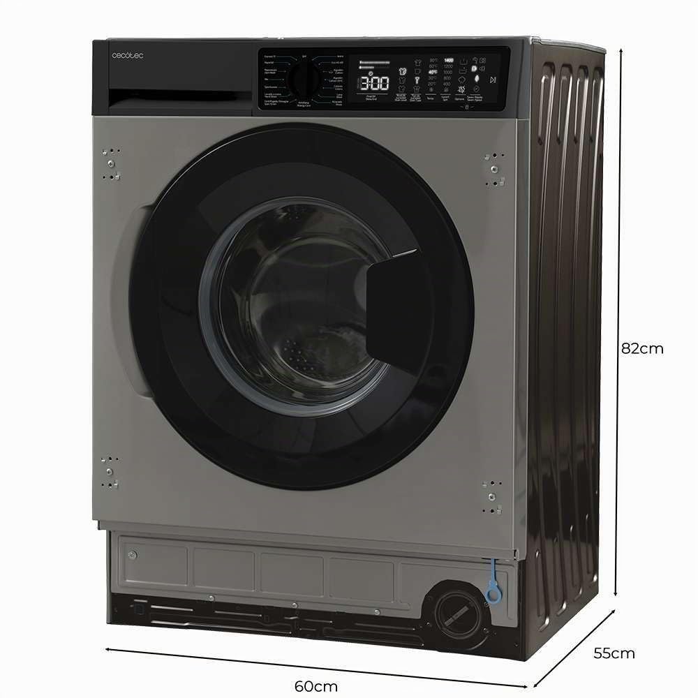 Cecotec Lave-linge 8Kg Chargement Frontal Intégrable Bolero DressCode 850 Bi Inverter Steel A. Finition Acier Inox 1400 Tr/min,15 Programmes,Classe A, Moteur Inverter Plus, SteamMax, Stain Match Plus
