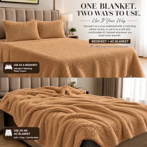 Image of Rangrika.in Blake Collection Ultra Soft Plush Dual Purpose Blanket & Bedsheet | Warm Cozy Bed Blanket with 2 Matching Pillow Covers | All Season Bedding Set