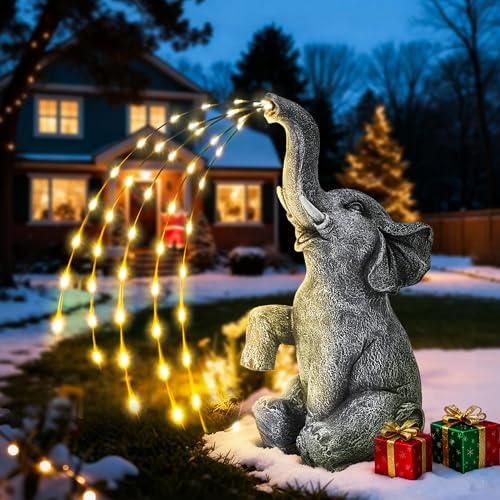 GIGALUMI Aktualisierung Elefanten Statue Gartendeko, True Bewässerung Elefant Figur Solar LED Lichter, Geburtstagsgeschenke für Mama, Frauen Geburtstagsgeschenke, Elefanten Dekoration für Terrasse