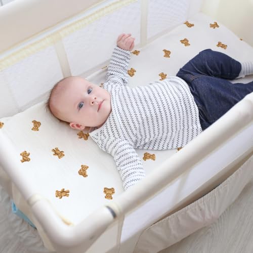 Image of Meracorallo Muslin Pack and Play Fitted Sheet, 100% Cotton, Bear