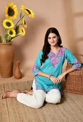 Image of LIBOZA Embroidered Kashmiri Tunic Top, Short Kurti for Women on Jeans, V-Neck, 3 /4 Sleeve, Floral Design,