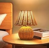 FEVIECH Rattan Table Lamp, Handmade Small Boho Bedside Lamp, Wicker Wooden Nightstand Lamp with E26 Bulb for Bedroom Living Room Office Entrance