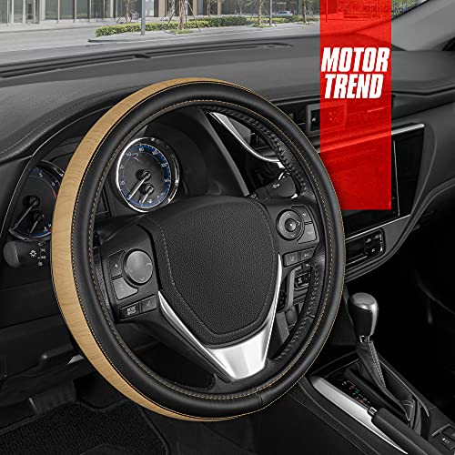 Image of Motor Trend SoftTouch Wood Grain Steering Wheel Cover for Cars - Standard 15 Inch Black & Beige Faux Leather Car Steering Wheel Cover with Light Wood Trim, Fits Auto Truck Van SUV