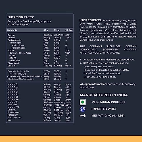 Image of Nutrabay Gold Tri Blend Whey Protein Powder (Hydrolyzed, Isolate & Concentrate) - 25g Protein, 5.6g BCAA, 4.2g Glutamic Acid - 2Kg, Vanilla Ice Cream