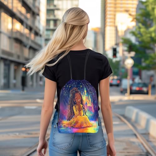 Image of jejeloiu Cute Black Drawstring Backpack 13x15.7inch African American Waterproof Gym Drawstring Bags Princess Theme Sports String Backpack Beach Swim Travel Bag Sackpack(N